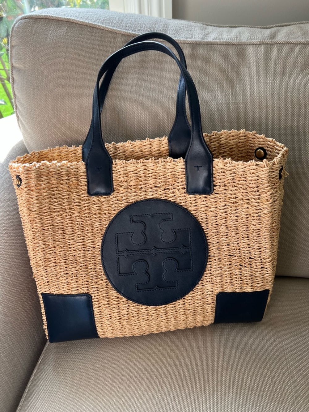 Tory Burch Natural Woven Tote with Black Leather Trim